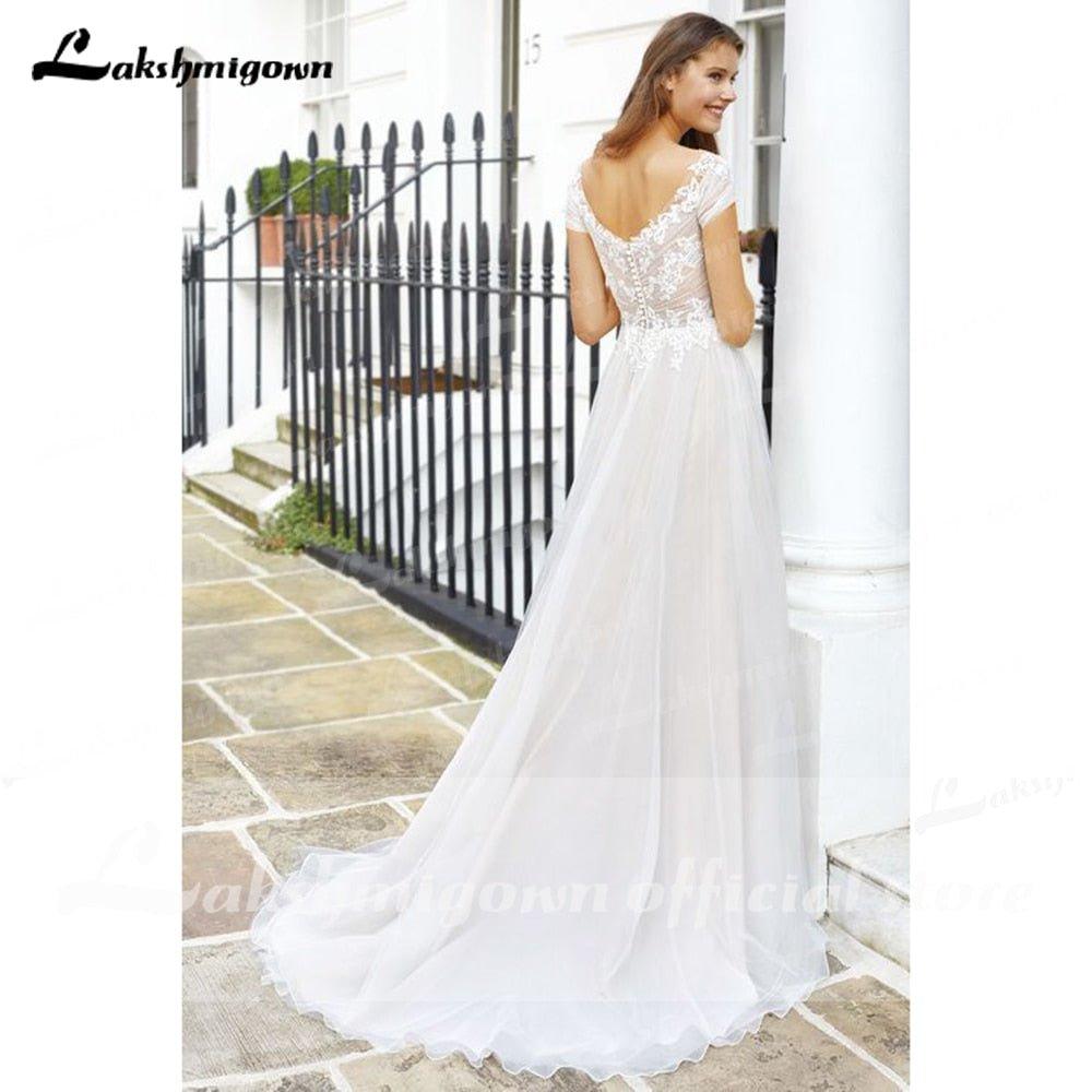 NumberSea - NumberSea 2021 Vintage Newest V Neck Short Sleeve Lace Wedding Dress V Shape Back A Line Beach vistidos de festa de casamento lakshmigown