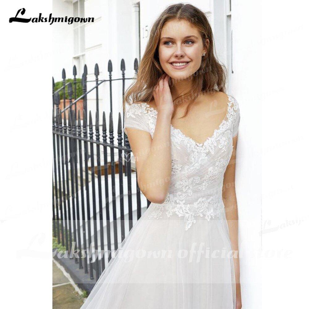 NumberSea - NumberSea 2021 Vintage Newest V Neck Short Sleeve Lace Wedding Dress V Shape Back A Line Beach vistidos de festa de casamento lakshmigown