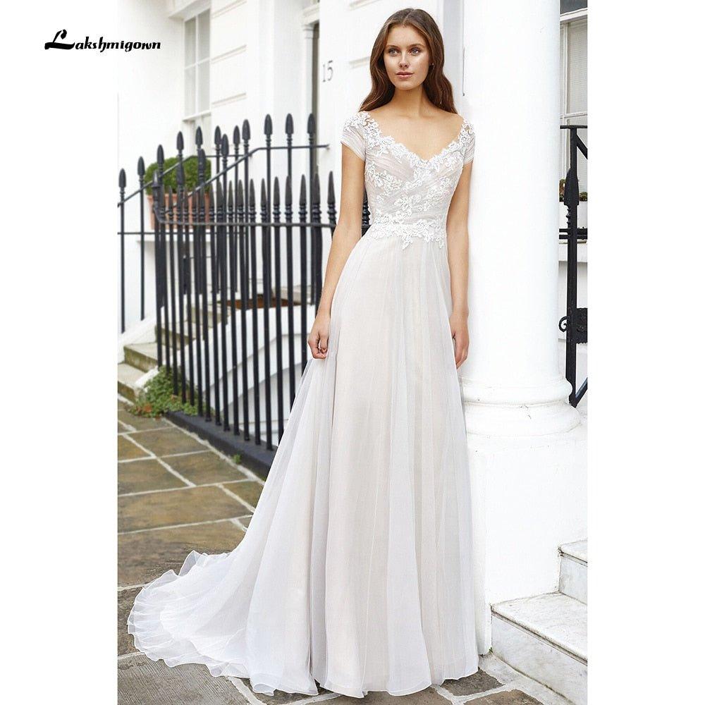 NumberSea - NumberSea 2021 Vintage Newest V Neck Short Sleeve Lace Wedding Dress V Shape Back A Line Beach vistidos de festa de casamento lakshmigown