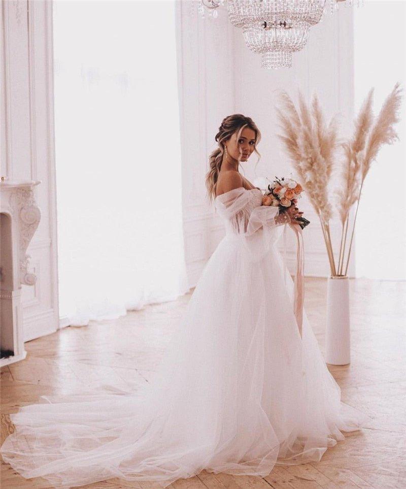 NumberSea - NumberSea 2022 Boho Wedding Dresses Detachable Long Puff Sleeve Bride Dress Vintage Lace Beach Wedding Gowns Plus Size Corset Back Sweet