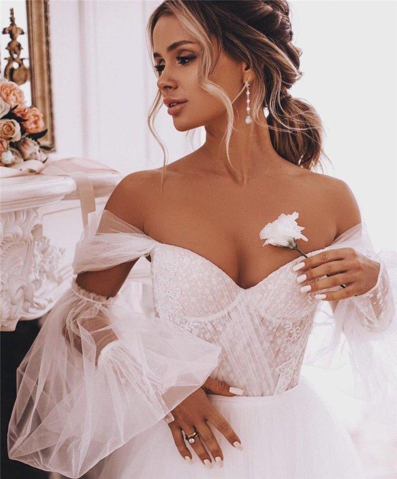 NumberSea - NumberSea 2022 Boho Wedding Dresses Detachable Long Puff Sleeve Bride Dress Vintage Lace Beach Wedding Gowns Plus Size Corset Back Sweet