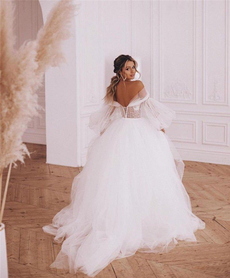 NumberSea - NumberSea 2022 Boho Wedding Dresses Detachable Long Puff Sleeve Bride Dress Vintage Lace Beach Wedding Gowns Plus Size Corset Back Sweet