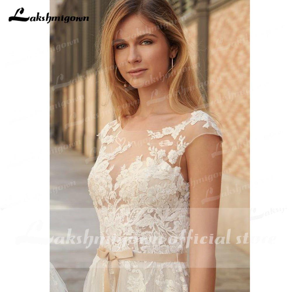 NumberSea - NumberSea 2022 Country Boho Wedding Dress For Women robe de mariée A Line Lace Tulle Wedding Gowns Open Back Off White New Real Photo