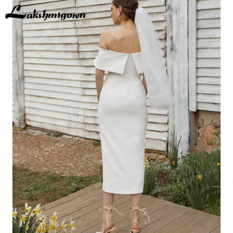 NumberSea - NumberSea 2022 New Arrival Simple Satin Short Wedding Dress Long Sexy Sleeve Beautiful Atmosphere Creasing Slim Wedding Gown