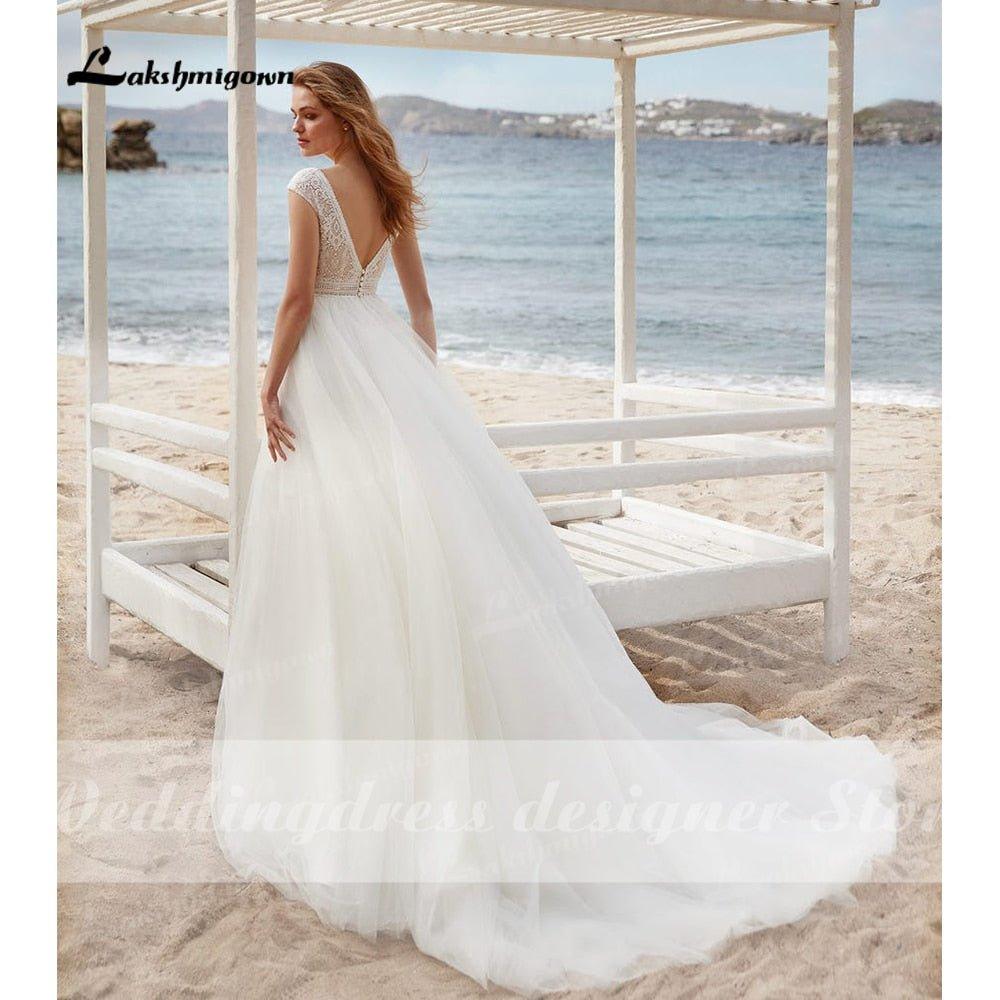 NumberSea - NumberSea 2022 vestido Boho Wedding Dresses A - line Lace Bodice Off - white Tulle Beach Bridal Gown V - neck Cap Sleeves robe femme mariages