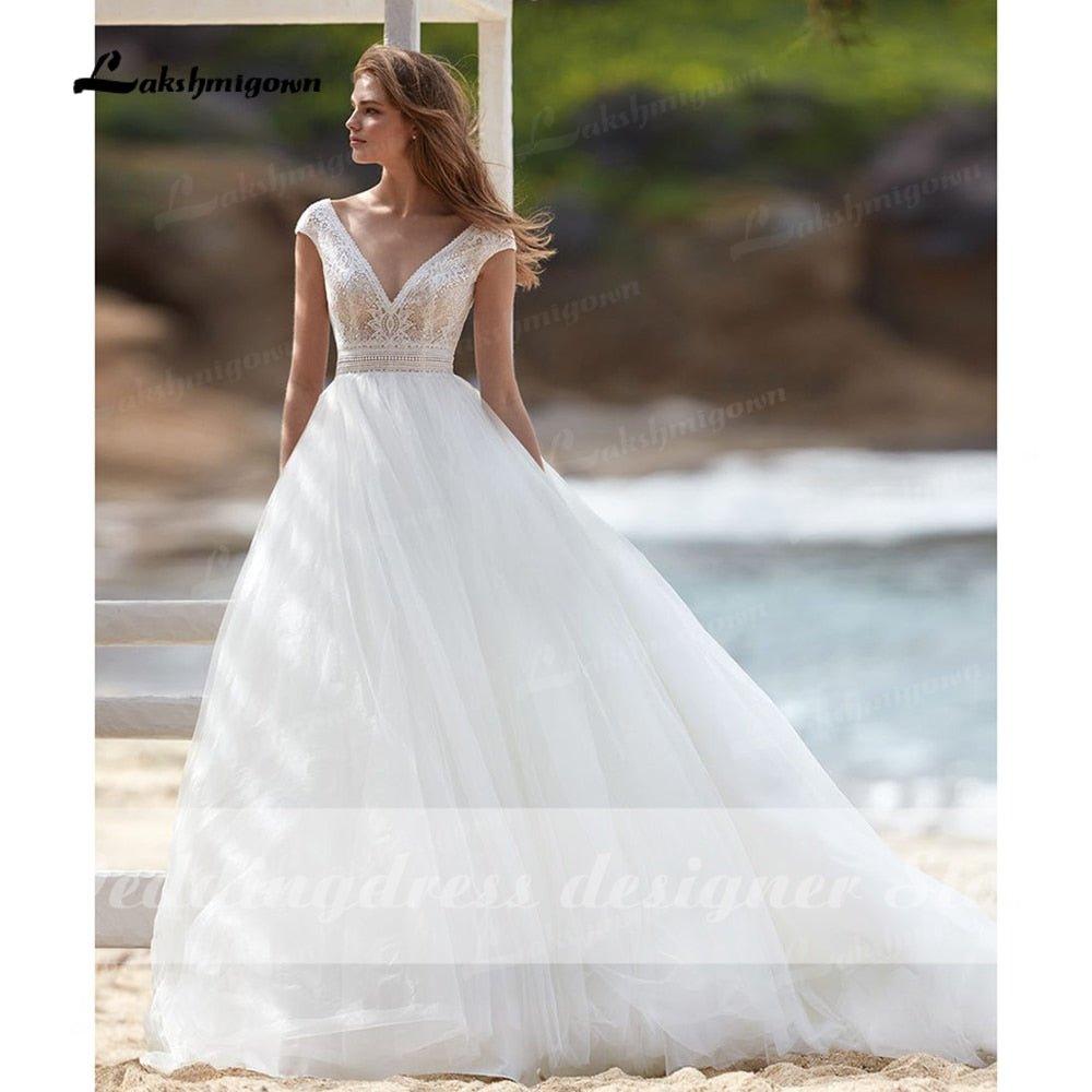 NumberSea - NumberSea 2022 vestido Boho Wedding Dresses A - line Lace Bodice Off - white Tulle Beach Bridal Gown V - neck Cap Sleeves robe femme mariages