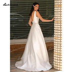 NumberSea - NumberSea 2024 A - Line Soft Satin Wedding Dresses Beaded Sashes V - Neck Simple Sleeveless Backless Floor - Length Bridal Gown Off The Shoulder
