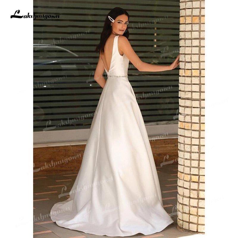 NumberSea - NumberSea 2024 A - Line Soft Satin Wedding Dresses Beaded Sashes V - Neck Simple Sleeveless Backless Floor - Length Bridal Gown Off The Shoulder