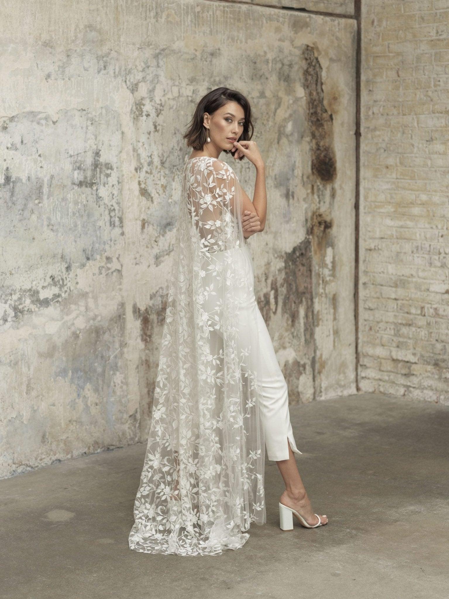 NumberSea-NumberSea 2024 Wedding Jumpsuit With Cape Beach Wedding Dresses V Neck Tea Length Lace Bridal Outfit Wedding Gowns NumberSea-NumberSea 2024 Wedding Jumpsuit With Cape Beach Wedding Dresses V Neck Tea Length Lace Bridal Outfit Wedding Gowns
