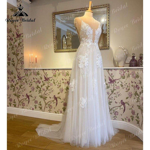 NumberSea - NumberSea 2025 Robe Mariage A Line Boho Wedding Dress with V Neck Lace Appliqued Spaghetti Straps Sweep vestido para boda playa elegant