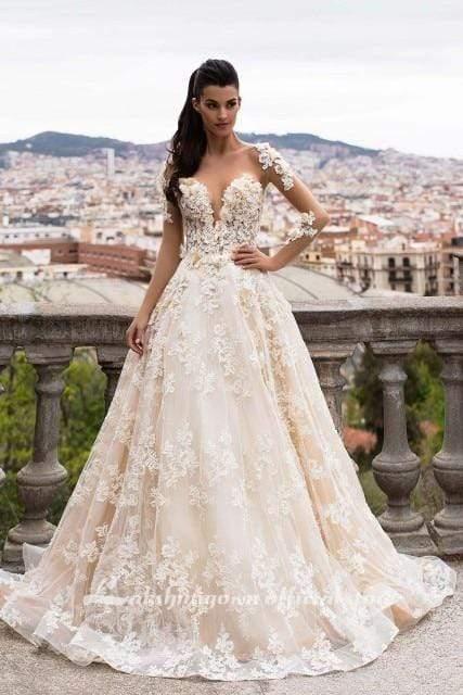 NumberSea - NumberSea 3D Floral Appliques Lace Wedding Dresses Vintage Champagne