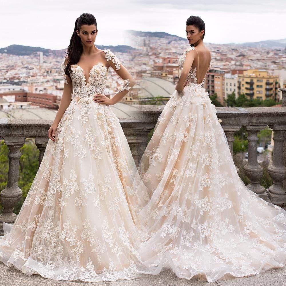 NumberSea - NumberSea 3D Floral Appliques Lace Wedding Dresses Vintage Champagne