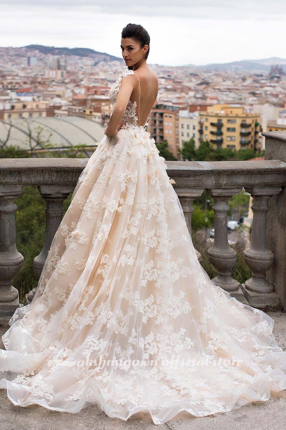 NumberSea - NumberSea 3D Floral Appliques Lace Wedding Dresses Vintage Champagne