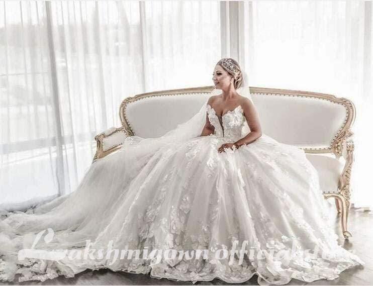 NumberSea - NumberSea 3D Flowrers Ball Gown Wedding Dresses Luxury Lace Appliqued