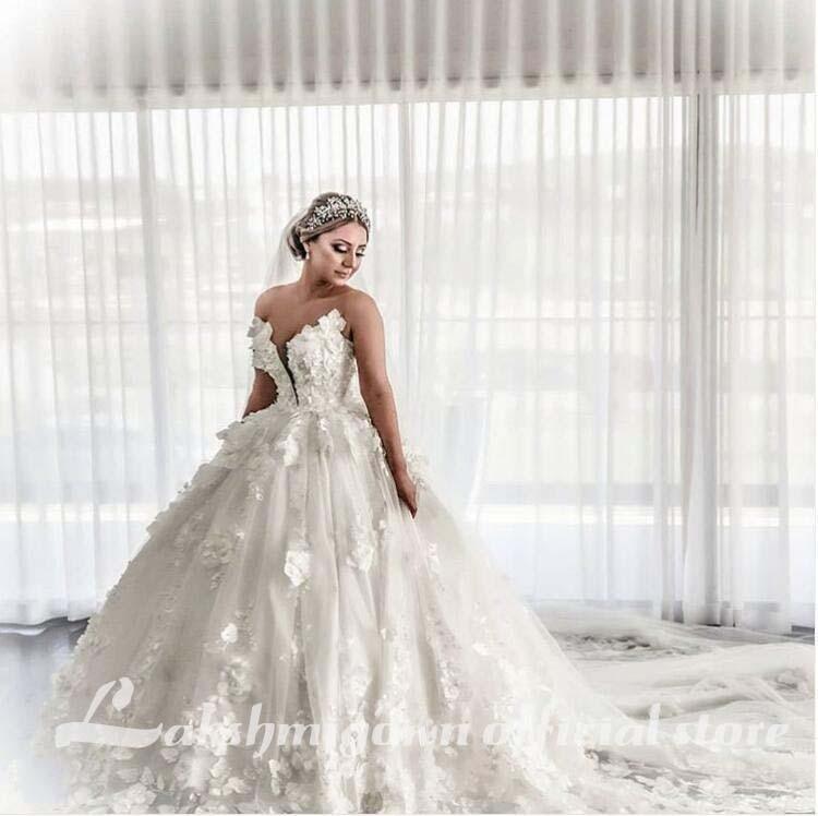 NumberSea - NumberSea 3D Flowrers Ball Gown Wedding Dresses Luxury Lace Appliqued