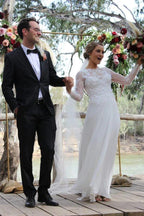 NumberSea - NumberSea A - line Lace Long Sleeves Round Neck Slit Wedding Dress, Wedding Gowns, MW762
