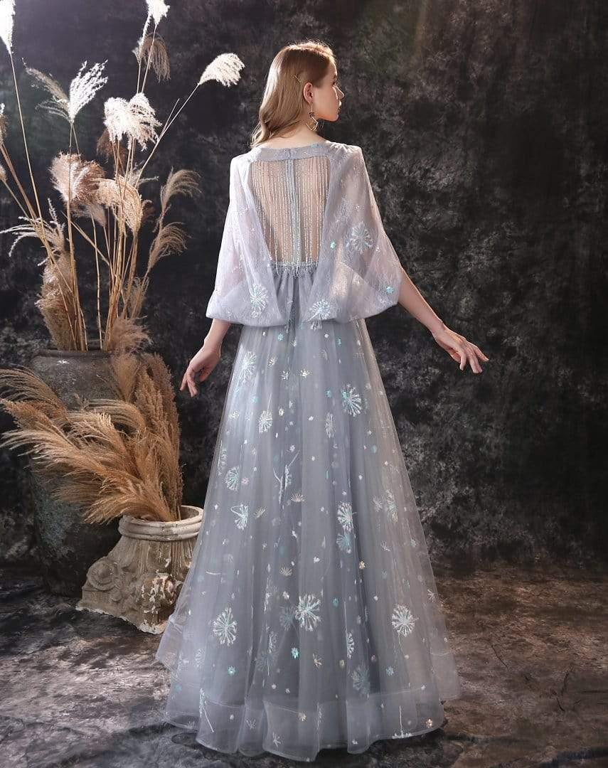 NumberSea - NumberSea A Line Long Sleeve V Neck Lace Backless Light Blue Flowers Wedding Dresses