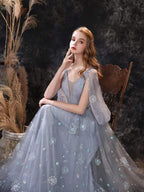 NumberSea - NumberSea A Line Long Sleeve V Neck Lace Backless Light Blue Flowers Wedding Dresses