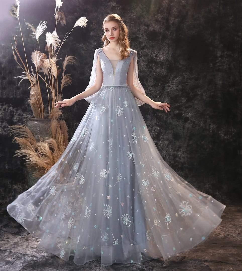 NumberSea - NumberSea A Line Long Sleeve V Neck Lace Backless Light Blue Flowers Wedding Dresses
