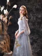 NumberSea - NumberSea A Line Long Sleeve V Neck Lace Backless Light Blue Flowers Wedding Dresses