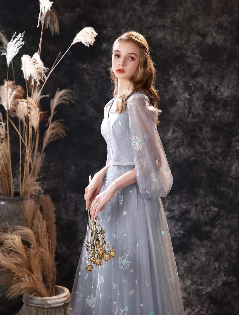 NumberSea - NumberSea A Line Long Sleeve V Neck Lace Backless Light Blue Flowers Wedding Dresses