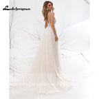 NumberSea - NumberSea A Line Long Sleeve V Neck Lace Backless Wedding Dresses