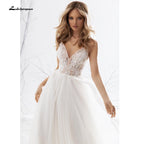 NumberSea - NumberSea A Line Long Sleeve V Neck Lace Backless Wedding Dresses