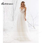 NumberSea - NumberSea A Line Long Sleeve V Neck Lace Backless Wedding Dresses