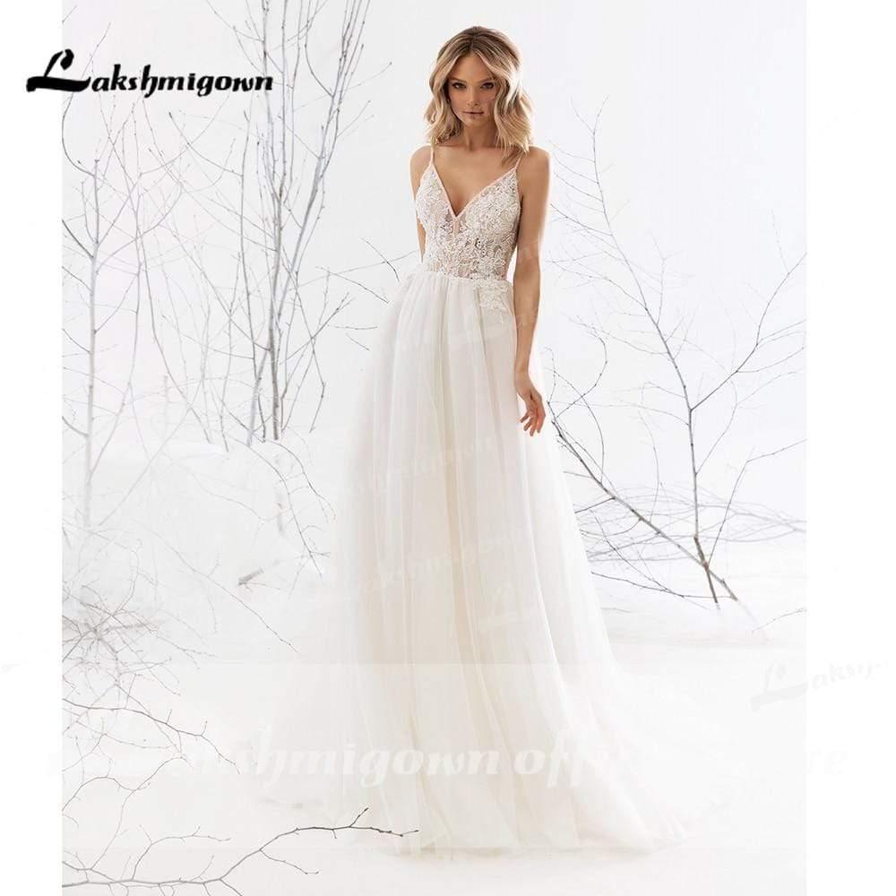 NumberSea - NumberSea A Line Long Sleeve V Neck Lace Backless Wedding Dresses