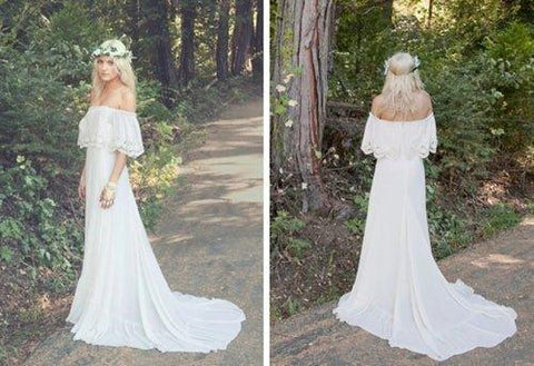 NumberSea - NumberSea A - line Off the Shoulder Bohemian Lace Chiffon Ivory Summer Beach Wedding Dresses,MW344