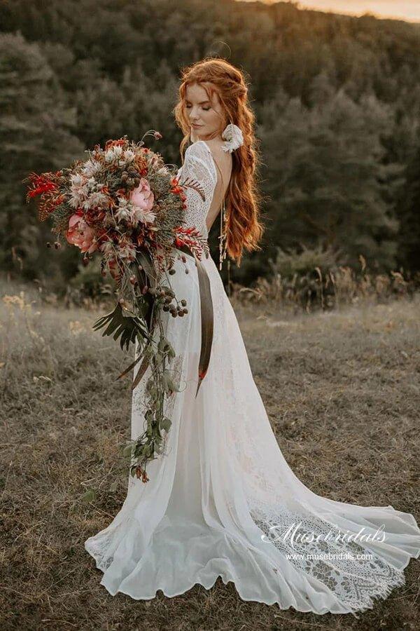 NumberSea - NumberSea A - line Scoop Neck Backless Long Sleeves Lace Wedding Dresses, MW989