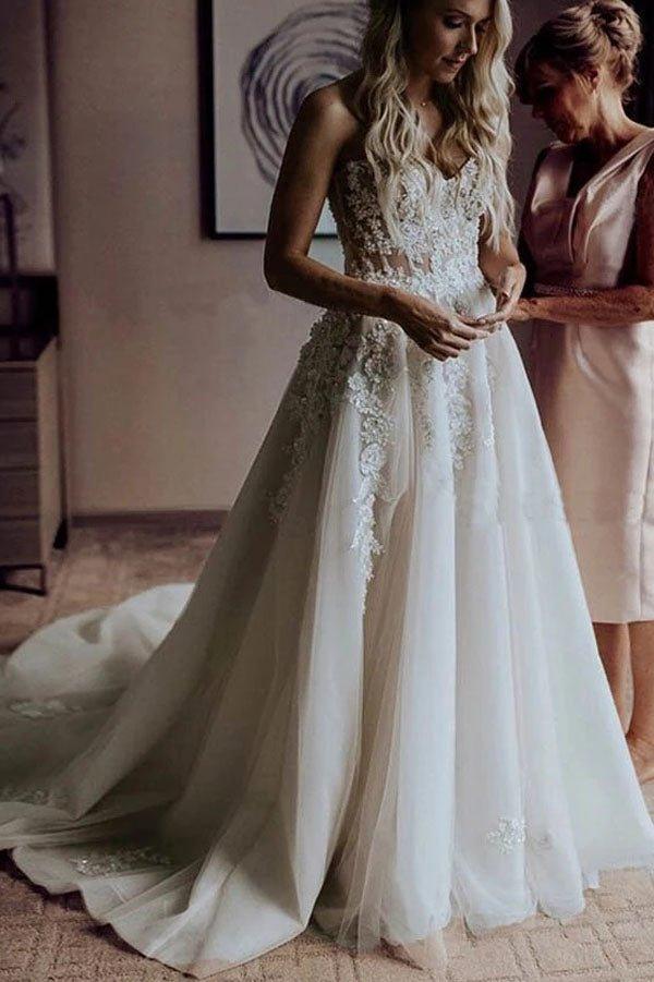 NumberSea - NumberSea A - Line Sweetheart Sweep Train Wedding Dress with Appliques Beading, MW309