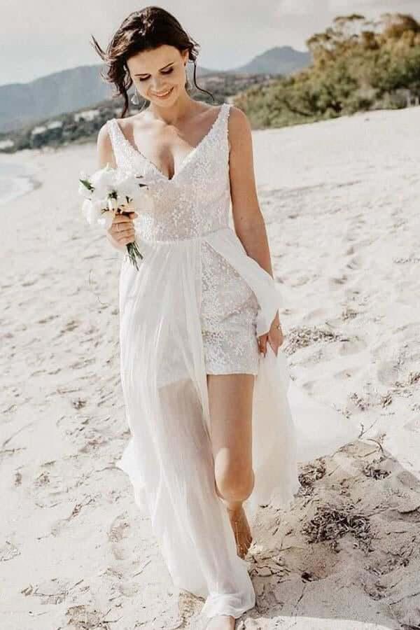 NumberSea - NumberSea A - line V - neck Detachable Train Summer Bridal Gown, Beach Wedding Dress, MW740
