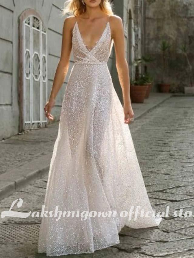 NumberSea - NumberSea A - Line Wedding Dresses V Neck Spaghetti Strap Boho