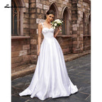 NumberSea - NumberSea A - Line/Princess Soft Satin Wedding Dresses Low Sweetheart Neck Ruffles Straps Sleeveless Sweep/Brush Train Simple Bride Gown