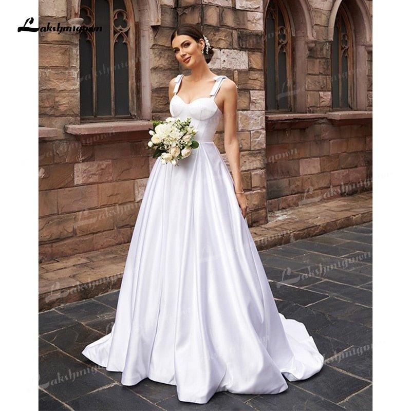 NumberSea - NumberSea A - Line/Princess Soft Satin Wedding Dresses Low Sweetheart Neck Ruffles Straps Sleeveless Sweep/Brush Train Simple Bride Gown