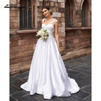 NumberSea - NumberSea A - Line/Princess Soft Satin Wedding Dresses Low Sweetheart Neck Ruffles Straps Sleeveless Sweep/Brush Train Simple Bride Gown