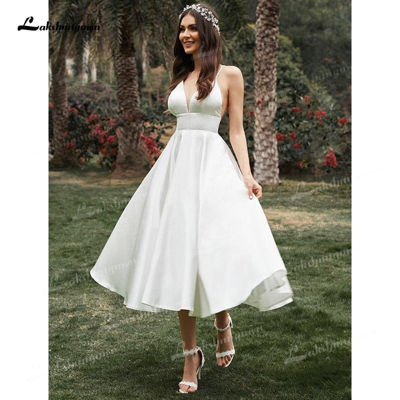 NumberSea - NumberSea A - Line/Princess Spaghetti Strap Wedding Dress Ruffles V - neck Sleeveless Soft Satin Tea - Length Backless Simple vestidos de novia
