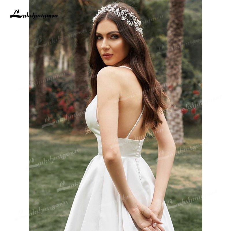 NumberSea - NumberSea A - Line/Princess Spaghetti Strap Wedding Dress Ruffles V - neck Sleeveless Soft Satin Tea - Length Backless Simple vestidos de novia