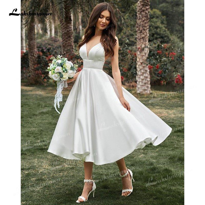NumberSea - NumberSea A - Line/Princess Spaghetti Strap Wedding Dress Ruffles V - neck Sleeveless Soft Satin Tea - Length Backless Simple vestidos de novia