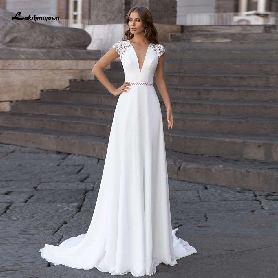 NumberSea - NumberSea Abiti Donna Modest Bridal A Line Wedding Dress Summer 2021 Simple V - neck Backless Beach Wedding Dresses Long Train Lakshmigown