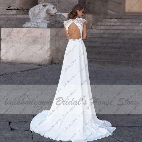 NumberSea - NumberSea Abiti Donna Modest Bridal A Line Wedding Dress Summer 2021 Simple V - neck Backless Beach Wedding Dresses Long Train Lakshmigown
