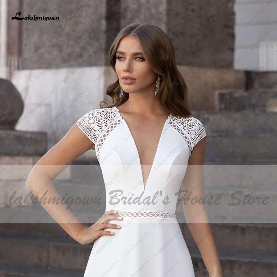 NumberSea - NumberSea Abiti Donna Modest Bridal A Line Wedding Dress Summer 2021 Simple V - neck Backless Beach Wedding Dresses Long Train Lakshmigown