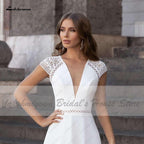 NumberSea - NumberSea Abiti Donna Modest Bridal A Line Wedding Dress Summer 2021 Simple V - neck Backless Beach Wedding Dresses Long Train Lakshmigown