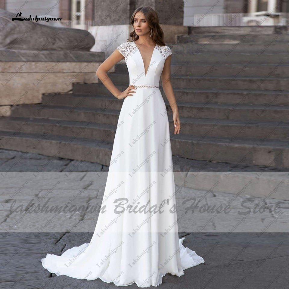 NumberSea - NumberSea Abiti Donna Modest Bridal A Line Wedding Dress Summer 2021 Simple V - neck Backless Beach Wedding Dresses Long Train Lakshmigown