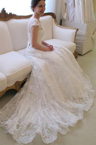 NumberSea - NumberSea Affordable Cap Sleeve Lace A Line Wedding Dresses, Long Wedding Gowns, Bridal Dress, MW113