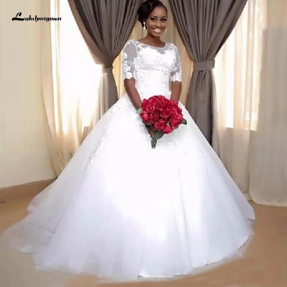 NumberSea - NumberSea African Wedding Dress Lace Up Back Half Sleeves
