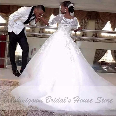 NumberSea - NumberSea African Wedding Dress Lace Up Back Half Sleeves
