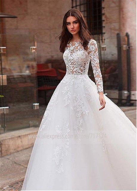 NumberSea-NumberSea Attractive Tulle Jewel Neckline See-through Bodice A- line Wedding Dress With Lace Appliques & Beadings Long Sleeves Bridal Dress NumberSea-NumberSea Attractive Tulle Jewel Neckline See-through Bodice A- line Wedding Dress With Lace Appliques & Beadings Long Sleeves Bridal Dress