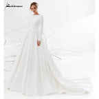 NumberSea - NumberSea Backless O Neck Lace Beads Satin Simple Wedding Dresses